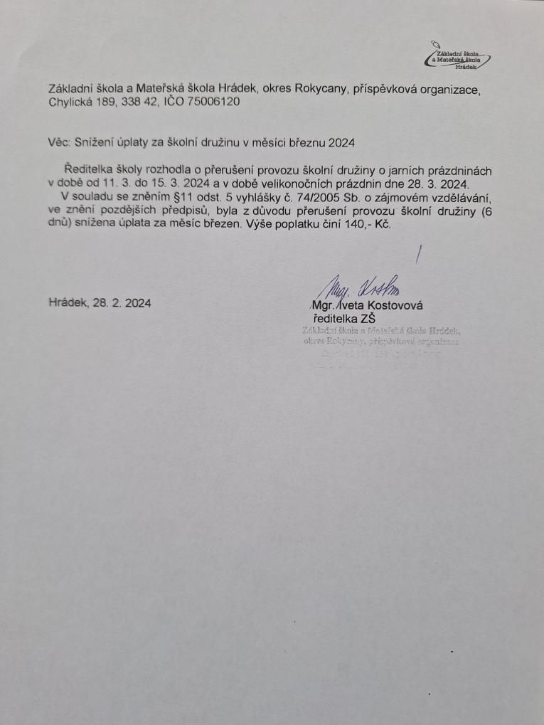 Snížení úplaty za školní družinu v měsíci březnu 2024 1
