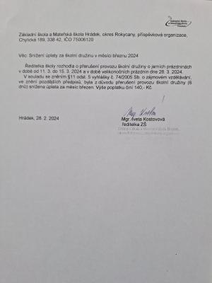 Snížení úplaty za školní družinu v měsíci březnu 2024 1